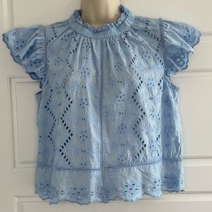 Jennifer & Grace Blue Eyelet Ruffle Blouse Top Cottagecore Cotton Size Small